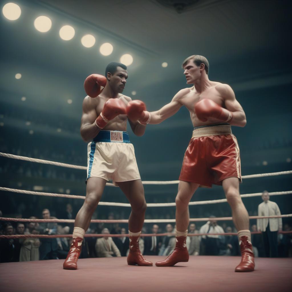  cinematic film still soviet boxer in the ring fights with the american president . shallow depth of field, vignette, highly detailed, high budget, bokeh, cinemascope, moody, epic, gorgeous, film grain, grainy