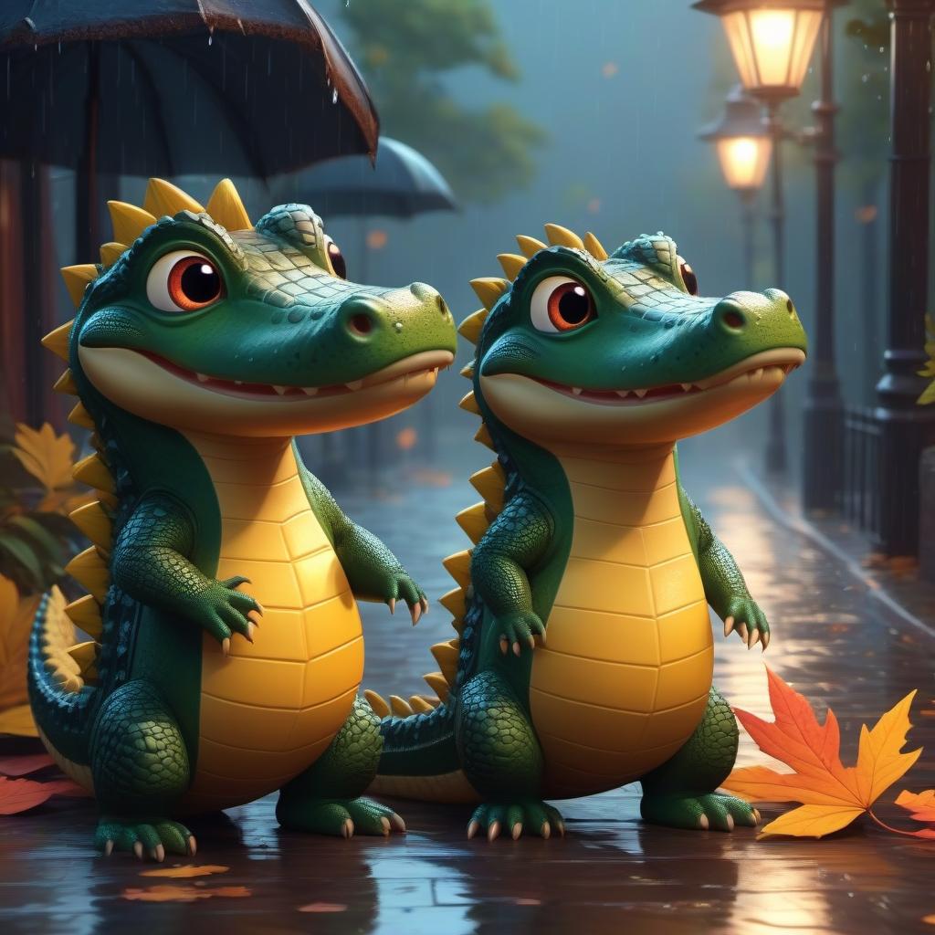  A cute cartoon pair of crocodiles in love walks through the dark autumn streets in the rain , a bright dynamic picture in the style of kortoon , fantasy, digital animation, realistic, drawing details