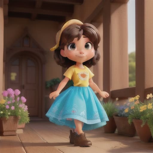  A sunny village filled with colorful flowers swaying gently in the breeze. In the center stands Lucía, a three with dark skin, short brown hair, and bright blue eyes. She wears a dress adorned with stars, looking curiously at a fluttering erfly., featuring Lucia: dark skin, short brown hair, blue eyes, thin brown eyebrows, small nose, pouting mouth. Disney Pixar style, dressed in a yellow T-shirt, full-length. The design is reminiscent of a Disney cartoon character, with a 3D rendering, bright colors, high saturation, rich detail and a close-up perspective under natural lighting. The overall mood is warm. hyperrealistic, full body, detailed clothing, highly detailed, cinematic lighting, stunningly beautiful, intricate, sharp focus, f/1. 8, 85mm, (centered image composition), (professionally color graded), ((bright soft diffused light)), volumetric fog, trending on instagram, trending on tumblr, HDR 4K, 8K