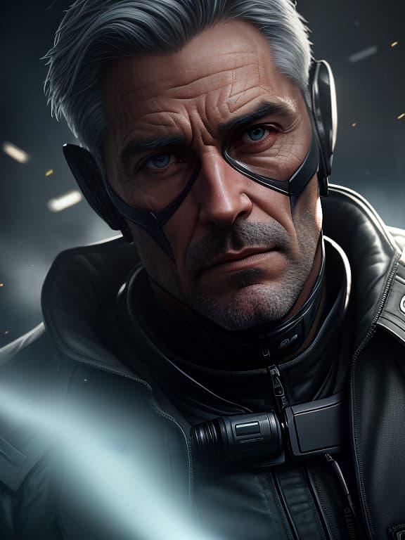  a former special forces officer dressed in an open jacket with a scar on his face and a gray hair on his bees and a cyber eye hyperrealistic, full body, detailed clothing, highly detailed, cinematic lighting, stunningly beautiful, intricate, sharp focus, f/1. 8, 85mm, (centered image composition), (professionally color graded), ((bright soft diffused light)), volumetric fog, trending on instagram, trending on tumblr, HDR 4K, 8K