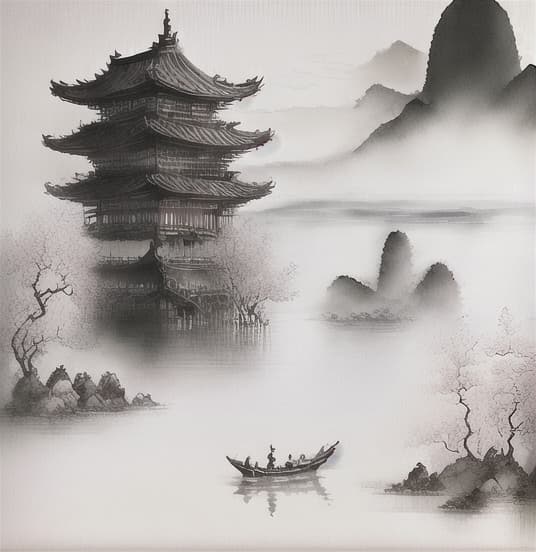  guofeng, chinese landscape painting, chinese architecture, cloud, vision, bridge, no human,