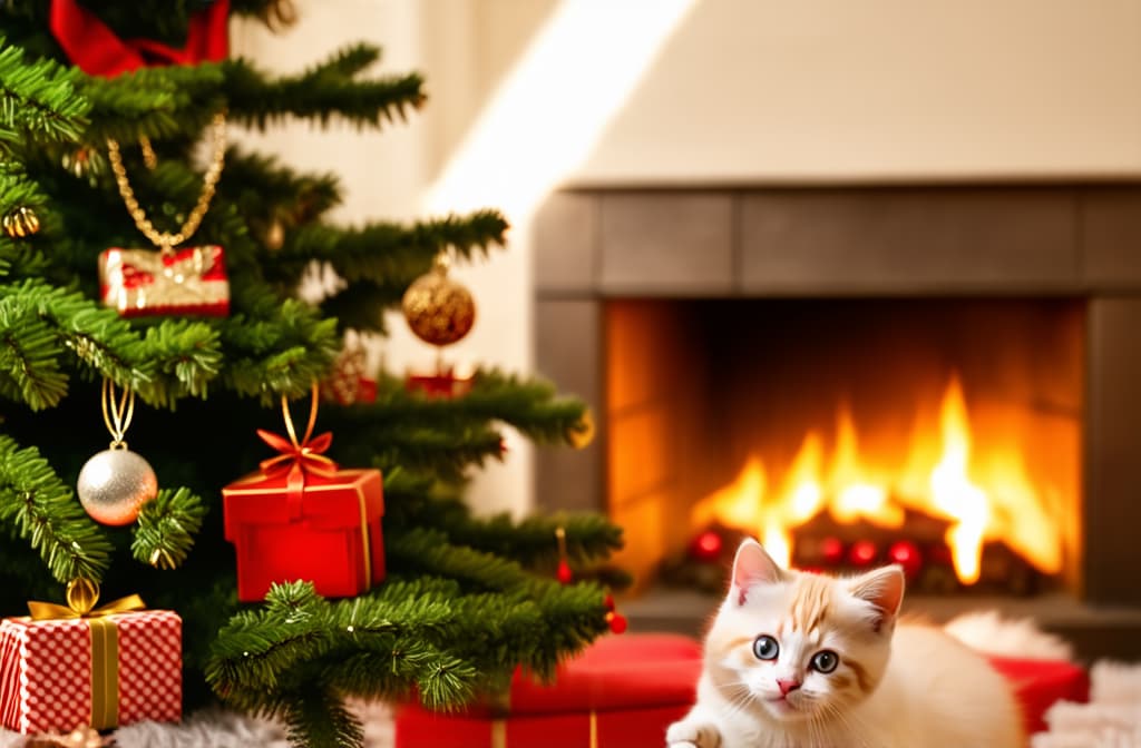  cinematic film style, christmas white kitten near the christmas tree plays with a ball on the christmas tree, in the background in blur a fireplace, cozy atmosphere ar 3:2, shallow depth of field, vignette, maximum details, high budget hollywood movie, bokeh, cinemascope, moody, epic, gorgeous, sun rays and shadows on furniture and surfaces, flattering light, raw photo, photography, photorealistic, 8k resolution, f1.4, sharpened focus, sharp focus