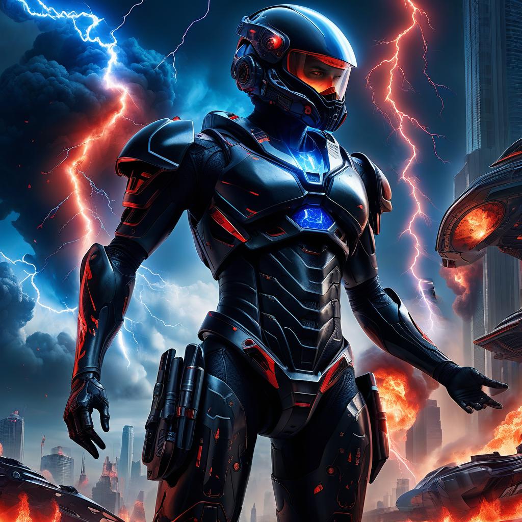  book cover: a beauty girls in a black exoskeleton wearing a helmet, standing with his arms crossed over his chest. very detailed and detailed model. the confrontation of red fire and blue lightning. background, an alien city