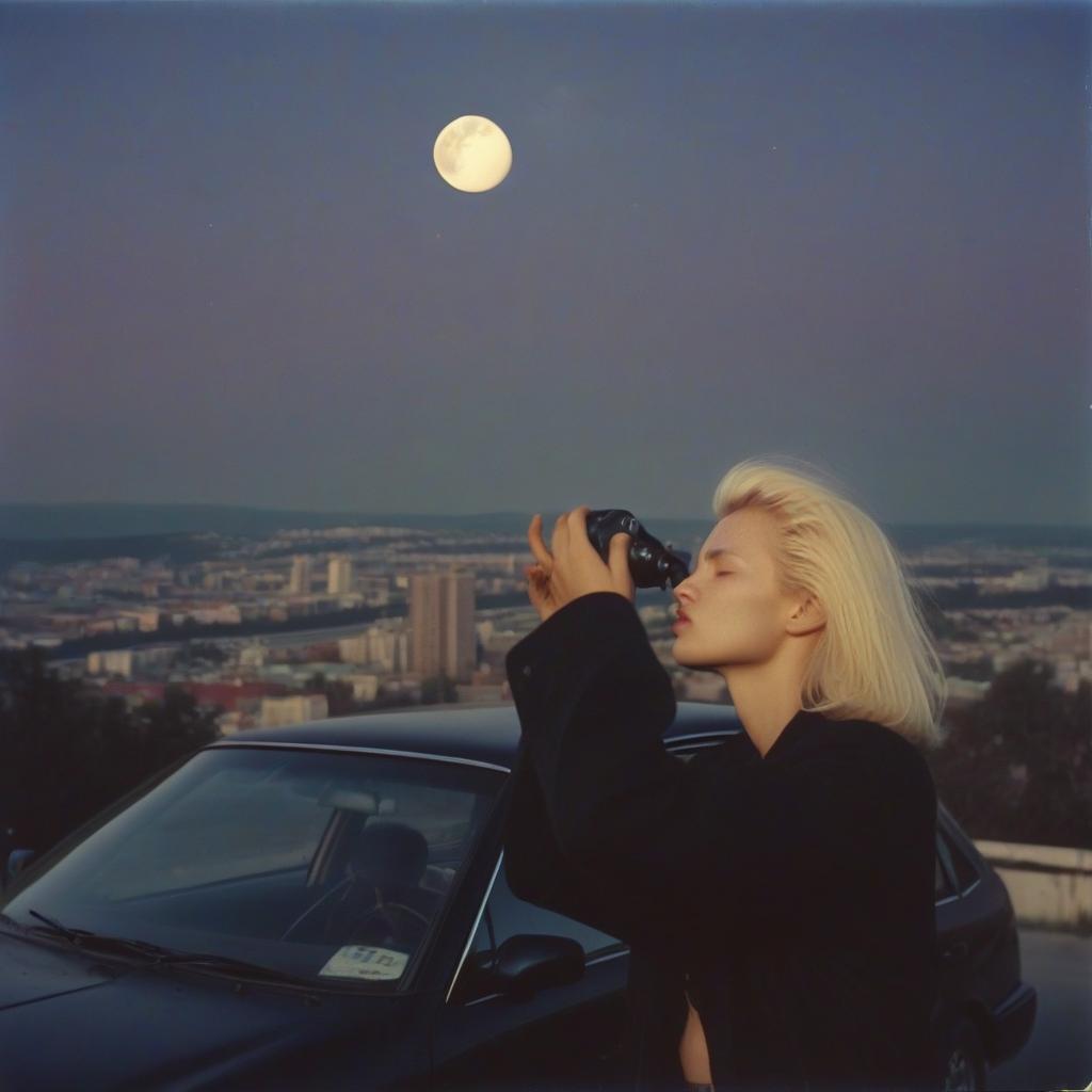  analog film photo a platinum blonde girl touches the face of a blonde guy, stands by the car in black, a view from the hill, in the background of the city, the time of dusk, full light moon, 80 90s style. . faded film, desaturated, 35mm photo, grainy, vignette, vintage, kodachrome, lomography, stained, highly detailed, found footage