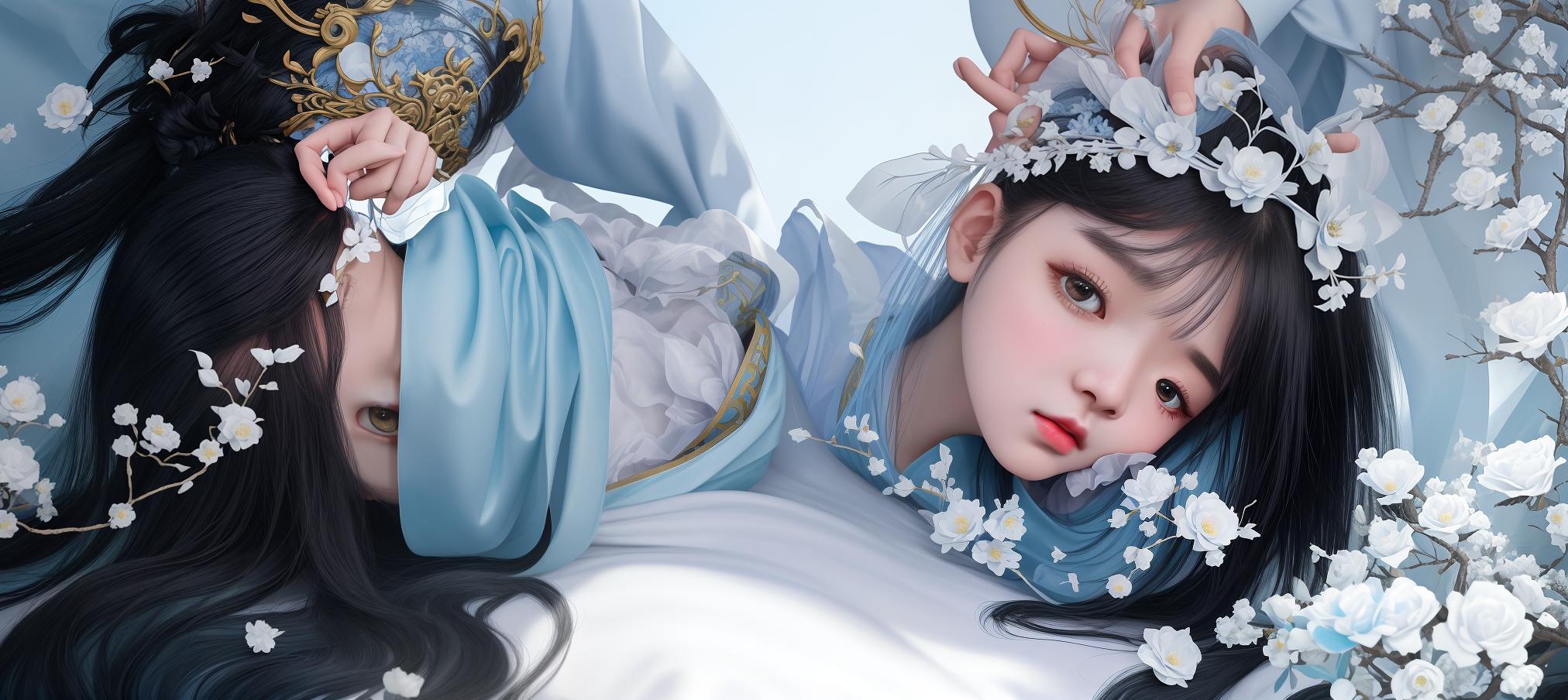  masterpiece, best quality, (fidelity: 1.4), best quality, masterpiece, ultra high resolution, poster, fantasy art, very detailed faces, 8k resolution, chinese style, an woman, side face, quiet, light blue hanfu, tulle coat, long black hair, light blue fringed hair ornament, hairpin, white ribbon, white flower bush, light blue butterfly flying, cinematic lighting effects