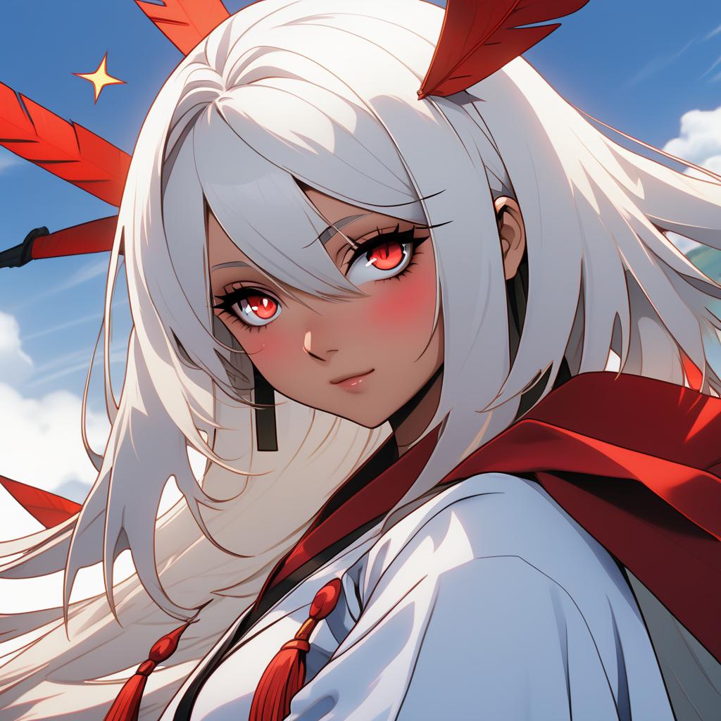  nijiex style,illustration of anime style, white haired white female with red eyes. gold cross on her forehead