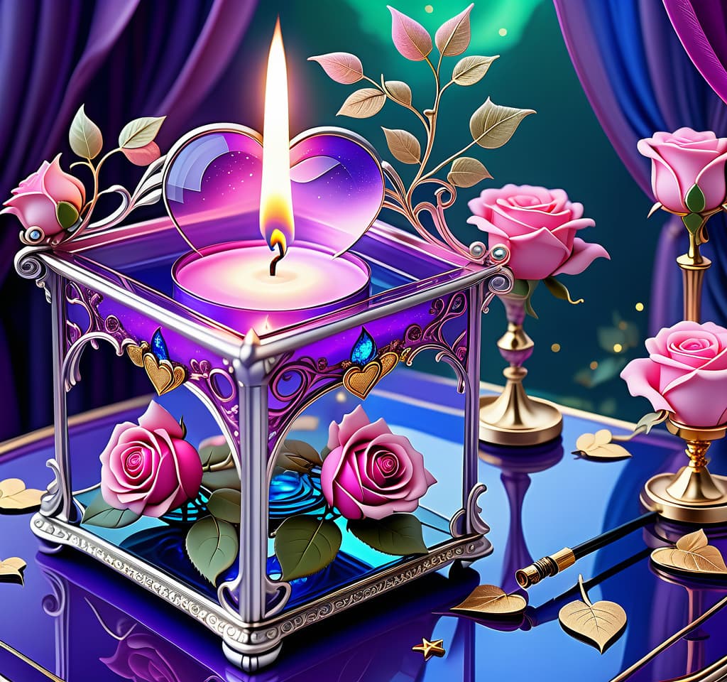  dreamscape (background):colour:violet blue. (background decoration):silver frames in the shape of hearts and gold fancy stars. (centre):glass square pink candlestick and lighter decorated with fancy roses. (rose colour):pink, dark pink, with cream border. (leaf colour):dark green, green blue, light green. (style):fantasy, fantasy art design, jewellery, interior. . surreal, ethereal, dreamy, mysterious, fantasy, highly detailed, civitai, hkmagic