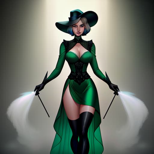  a woman, short hair, green eyes, a green dress of the viktorian era, a black hat, black gloves, a cane in her hands, a deep decolt hyperrealistic, full body, detailed clothing, highly detailed, cinematic lighting, stunningly beautiful, intricate, sharp focus, f/1. 8, 85mm, (centered image composition), (professionally color graded), ((bright soft diffused light)), volumetric fog, trending on instagram, trending on tumblr, HDR 4K, 8K