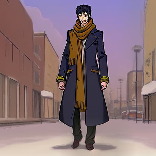  full length guy dressed in coat and scarf smiles anime drawing style