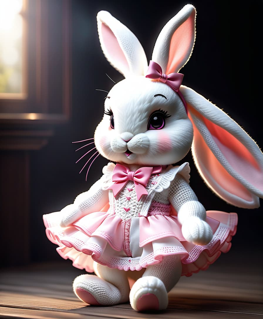  a very cute white and pink fluffy bunny, cute cute, with long floppy and fluffy ears, with a fashionable elegant crochet headband with a bow, and decorations, standing on two legs, in a crocheted white and pink jumpsuit with ruffles, tulle ruffles, with draperies, with ruffled tulle, with a bow, a peplum, very detailed, dressed in beautiful crocheted shoes with a bow, flying fireflies and neon hearts, glare of light, radiance, fabulously beautiful, tenderness, love, aesthetics, professional photo, realism, high resolution, high detail , iso 100, f/2.8, 4k, 1/250 s, 30mm lens, bright light hyperrealistic, full body, detailed clothing, highly detailed, cinematic lighting, stunningly beautiful, intricate, sharp focus, f/1. 8, 85mm, (centered image composition), (professionally color graded), ((bright soft diffused light)), volumetric fog, trending on instagram, trending on tumblr, HDR 4K, 8K