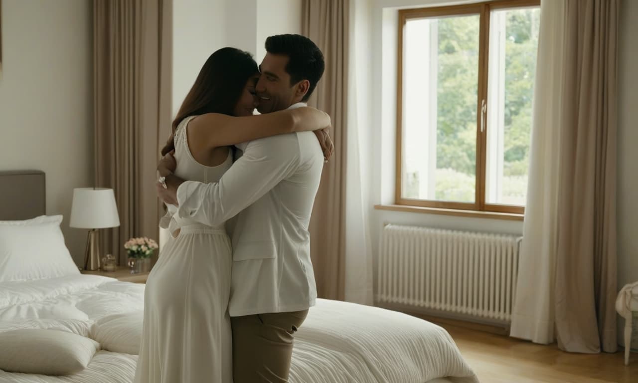  full length man and woman hug each other in the bedroom