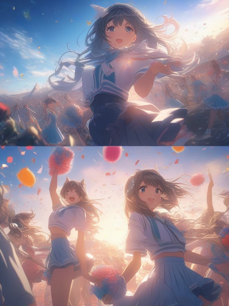  detailed,vivid colors,beautiful blue sky background,(masterpiece,hyper quality 1 5),ultra detailed,highlight eyes,detailed face,looking,scenery,master piece,best quality,ultra detailed,high resolution,8k,cute dollike girls,a sea of clouds illuminated by moonlight,smile,athletic world,magical animals,charming girls,lolita,100 tiered ruffle,pastel color,cheerleader,cheerleader outfit,holding 2 pompons ,raising one arm,falling confetti hyperrealistic, full body, detailed clothing, highly detailed, cinematic lighting, stunningly beautiful, intricate, sharp focus, f/1. 8, 85mm, (centered image composition), (professionally color graded), ((bright soft diffused light)), volumetric fog, trending on instagram, trending on tumblr, HDR 4K, 8K