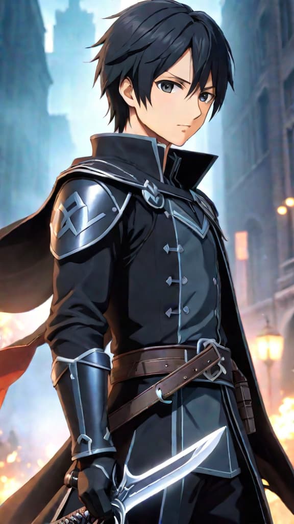  an anime image of kirito in sword art online, connected to the game's core through hidden ai integration or a past life in the code. hyperrealistic, full body, detailed clothing, highly detailed, cinematic lighting, stunningly beautiful, intricate, sharp focus, f/1. 8, 85mm, (centered image composition), (professionally color graded), ((bright soft diffused light)), volumetric fog, trending on instagram, trending on tumblr, HDR 4K, 8K