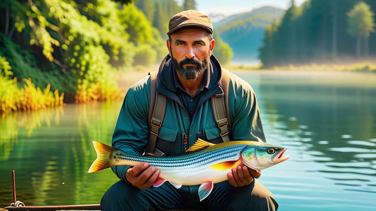  a serene lakeside scene showcasing a fisherman gently cradling a vibrant, freshly caught fish, surrounded by lush greenery, with a clear blue sky and reflections on the water, emphasizing the delicate balance of fishkeeping. hyperrealistic, full body, detailed clothing, highly detailed, cinematic lighting, stunningly beautiful, intricate, sharp focus, f/1. 8, 85mm, (centered image composition), (professionally color graded), ((bright soft diffused light)), volumetric fog, trending on instagram, trending on tumblr, HDR 4K, 8K