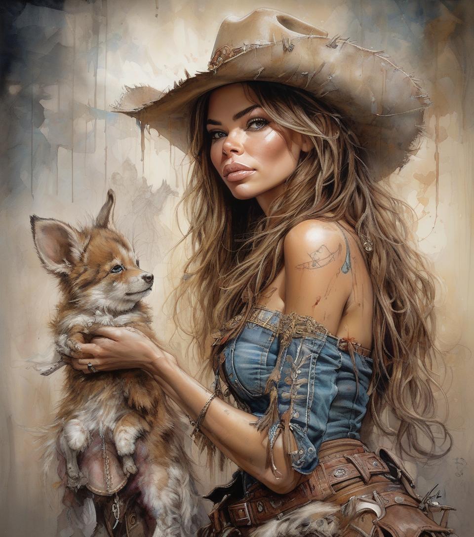  cowgirl sofia vergara, beautiful eyes, epic, fantasy, intricate details, hyper detailed, jean baptiste monge, carne griffiths, michael garmash, seb mckinnon, masterpiec