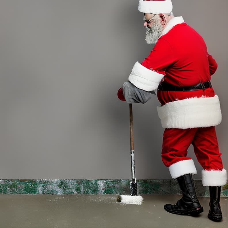  a man with a white beard mid to late 40s wearing a full red santa suit with white cuffs, black boots painting a long wall with a paint roller and an extension pole .