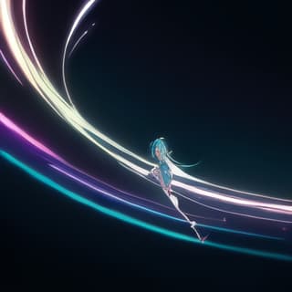  (masterpiece, best quality, highres:1.2), (intricate and beautiful:1.2), (detailed light:1.2), (colorful, dynamic angle), upper body shot, fashion photography of cute, intense long hair, (hatsune miku), dancing pose, flirting with pov, dynamic pose, soft moonlight passing through hair, (abstract colorful art background:1.3), (official art), (cinematic)