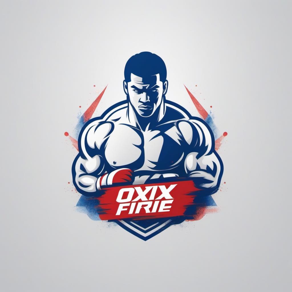  Draw a logo for OXXFIRE, a company that sells wholesale boxing and martial arts products. The colors are white, blue and red. The figure of a boxer in the center. The OXXFIRE inscription.