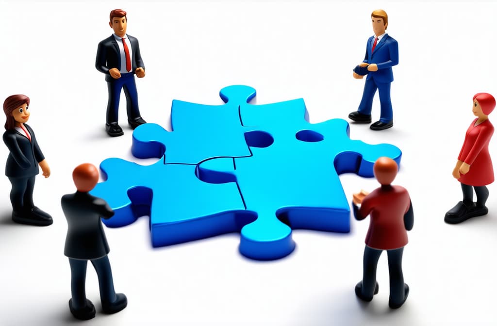  people connecting puzzle pieces. 3d illustration. cartoon characters. business teamwork concept on white background ar 3:2 {prompt}, maximum details