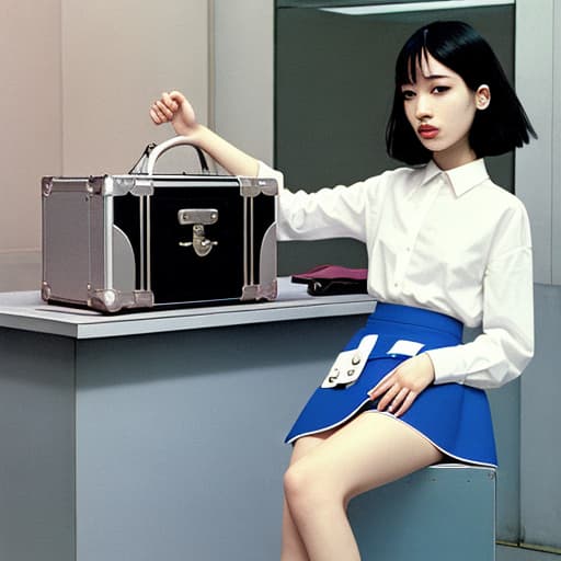  arafed woman in a white shirt and blue skirt sitting on a suitcase, kiko mizuhara, miniskirt, dj sura, +81 magazine, kiyoko suzuki, id magazine, ji-min, akira moto, yukii morita, maxim magazine, milk bar magazine, magazine 1990's, rinko kawaichi