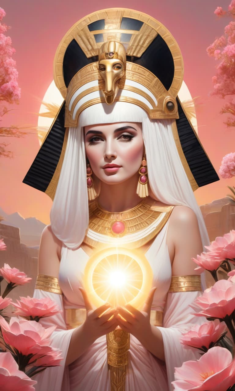  concept art pink, black, white, gold cleopatra holds the sun in her hands . digital artwork, illustrative, painterly, matte painting, highly detailed, perfect hands