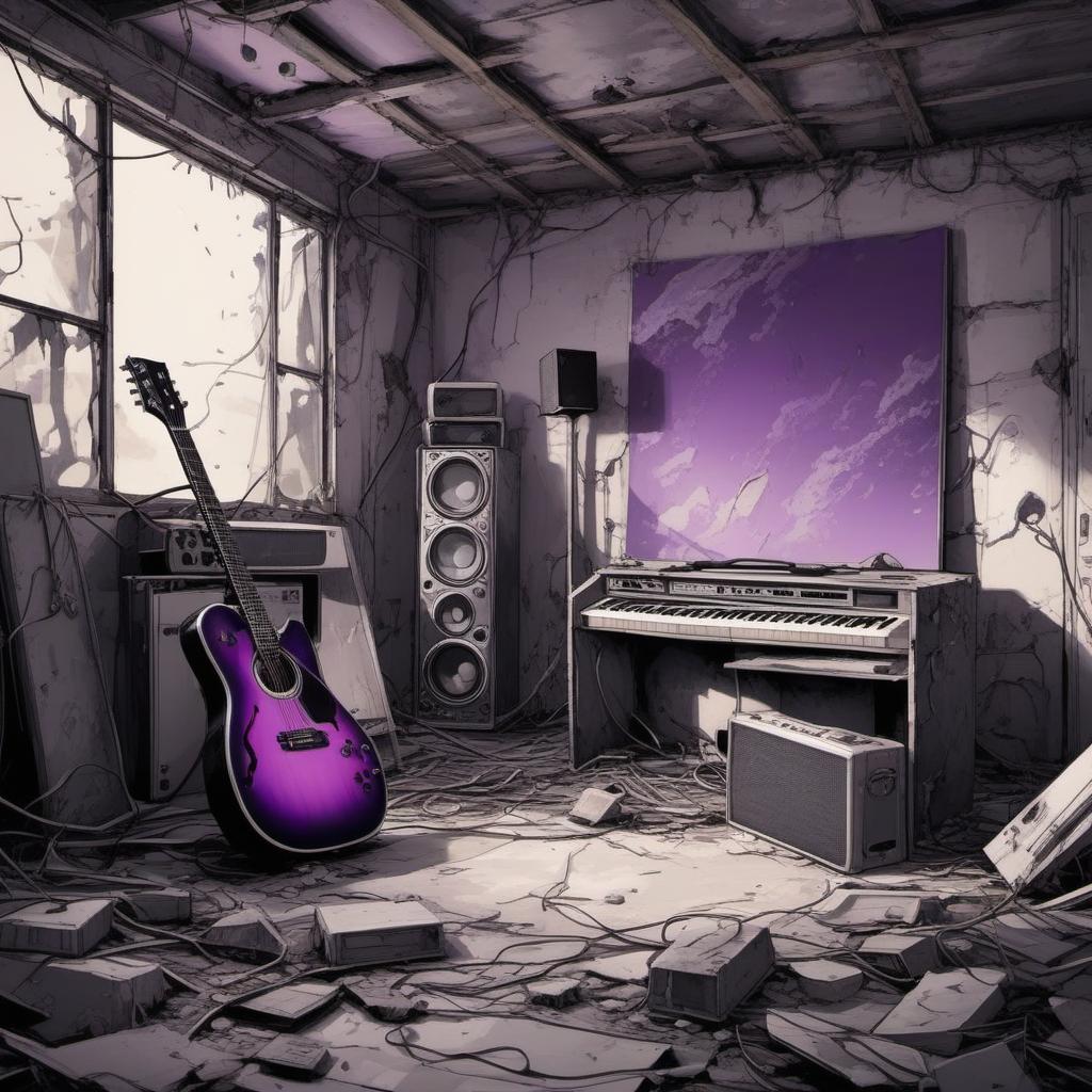  une chambre abandonnée en ruine avec une guitare électrique et un amplificateur de guitare violet , comic style, manga and manhwa style, painting style