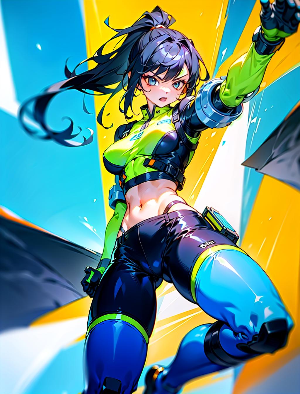  tangxin, from the chinese anime "nanocore," has a sleek and athletic appearance that reflects her action oriented role. she has long, black hair, often tied into a high ponytail, which emphasizes her sharp and confident demeanor. her outfit consists of a white and blue cropped jacket, leaving her midriff exposed, paired with form fitting, futuristic shorts that highlight her agile and combat ready physique. tangxin wears high tech black and blue boots and protective gear, including knee pads and armored gauntlets, giving her a tactical and futuristic vibe. she also carries weaponry on her, suggesting that she is proficient in combat and always prepared for action. her confident stance and serious expression indicate her strong and determine