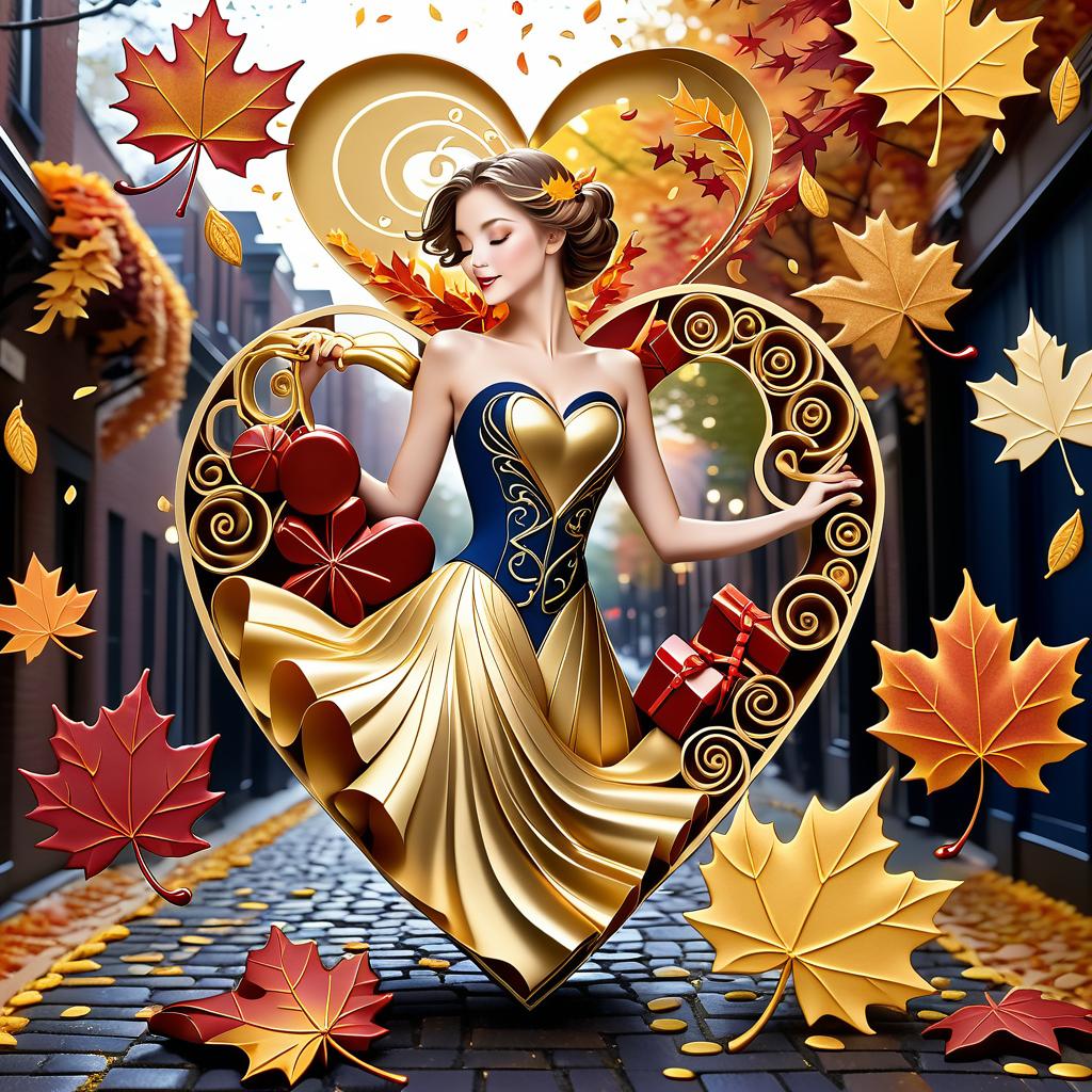  luxury product style on a carpet of yellow leaves in a simple dress of wind given crepe autumn danced a waltz boston in an alleyway. the warm day flew away and the saxophone sang hoarsely. (background of the card): falling autumn leaves, a whirlwind of autumn leaves, wind saxophone, ((a box of chocolates, the inscription "autumn waltz")) , a greeting card. (heart), a beautiful figure made of contours in the shape of a heart. (heart colour): night sky background, stars, gold pattern. (style):fantasy, autumn art, autumn romance. (colours):gold, green gold, navy blue, red, red gold, brown gold, silver, golden blue, bluish blue, dark blue on gold . elegant, sophisticated, high end, luxurious, professional, highly detailed