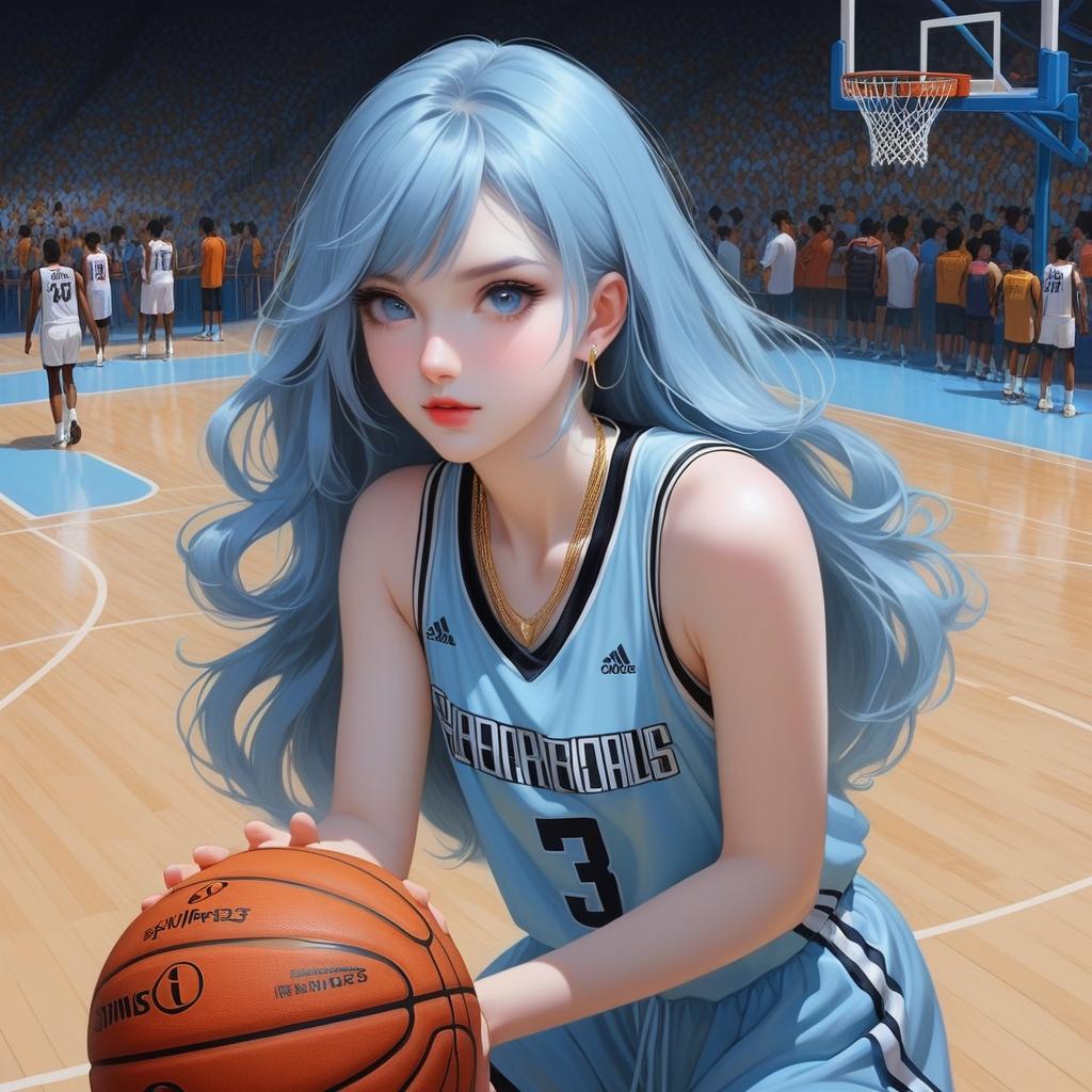  anime art very beautiful, ghost , very pale translucent skin woman, icy blue eyes, upturned eyes, long hair, pale blue hair, bottom heavy lips, s shaped eyebrows, greek nose, oblong shaped face, has various necklaces, , lean figure, long legs, black and gold basket ball jersey, basketball court., award winning, professional, highly detailed, masterpiece