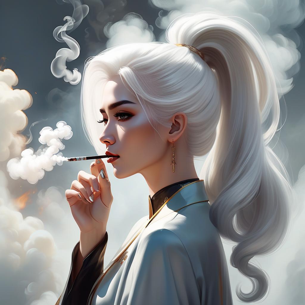  luxury product style a woman with white hair and a ponytail is blowing smoke into her hair and looking down at her hand, trending on art station, fantasy art, a digital painting . elegant, sophisticated, high end, luxurious, professional, highly detailed, hkmagic, oil painting