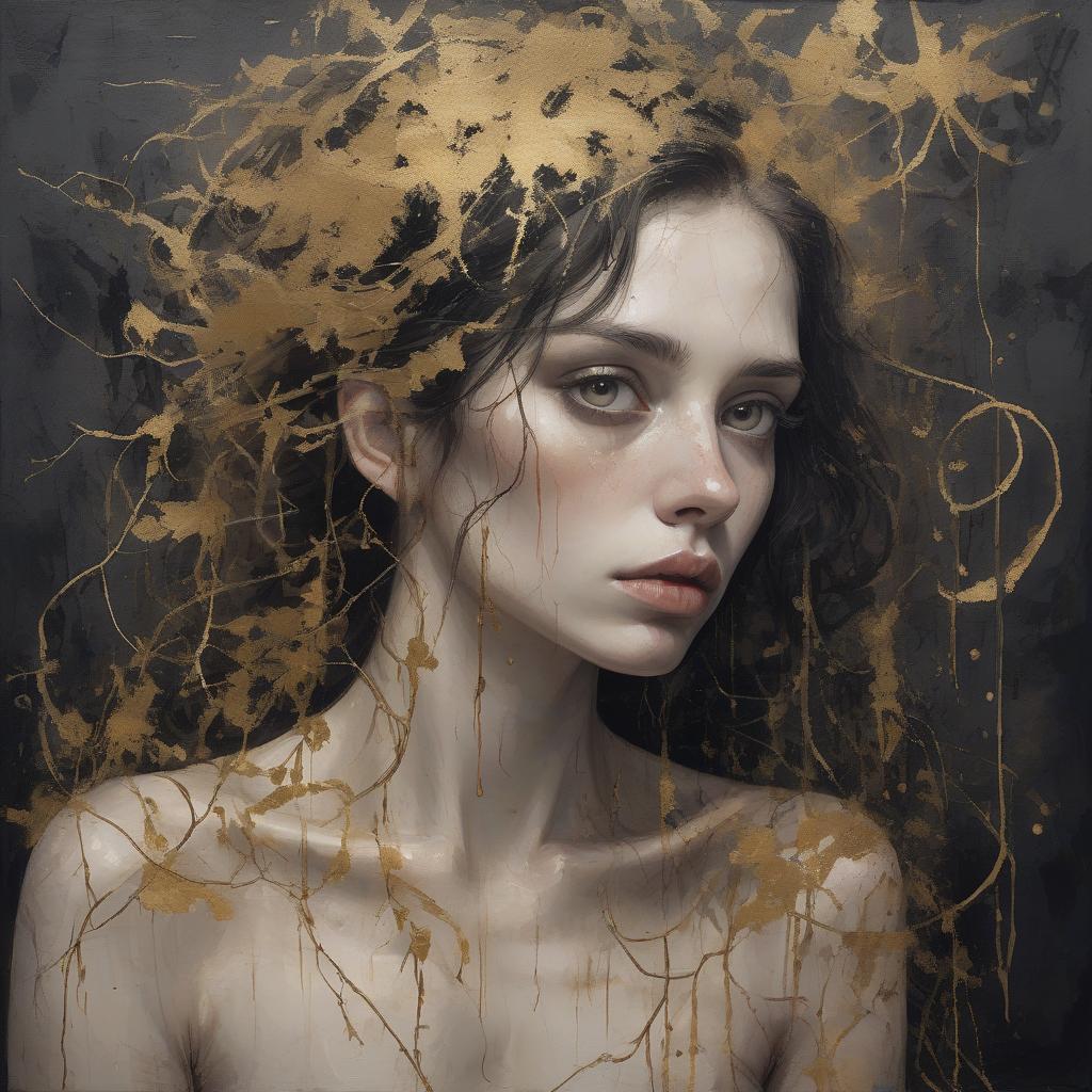  create a textured portrait of a female with pale skin and dark hair, characterized by a mixture of organic and gritty elements, resembling the juxtaposition of beauty and decay. in the foreground, the woman's visage occupies two thirds of the image vertically, offset slightly to the right. she presents a pensive or determined expression, her eyes are dark, and her lips are lightly colored. one eye is partially obscured by delicately crafted golden vines which seem to grow from her skin, adding a touch of elegance to the grungy aesthetic. her hair is loose, dark, and flowing to the left side of the canvas, blending into the chaotic, abstract background. the background itself is a montage of scratches, splatters, and painterly textures in mon