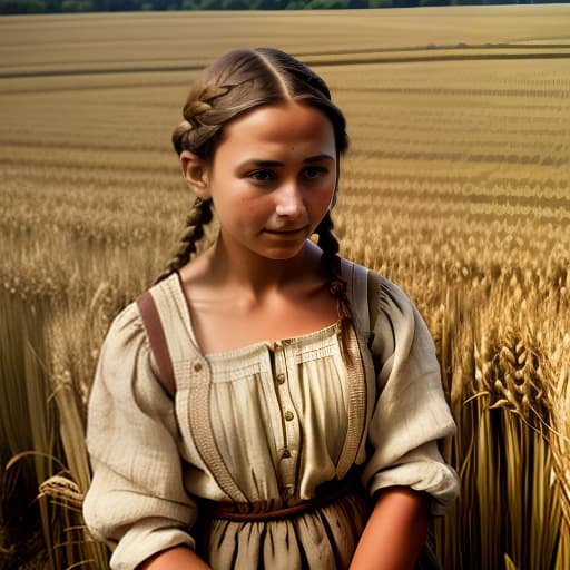  a brown haired girl, a peasant woman with brown eyes in a linen dress in a field collects wheat, her hair is braided in a braid and tied with green ribbon