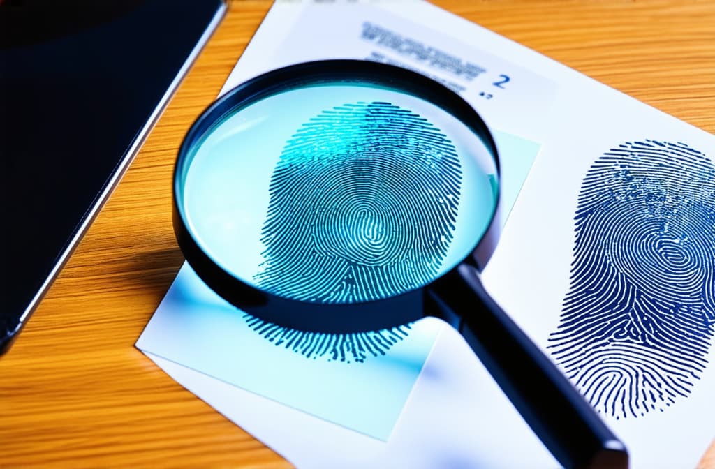  fingerprints on a fingerprint card and a magnifying glass, fingerprint examination ar 3:2 {prompt}, maximum details