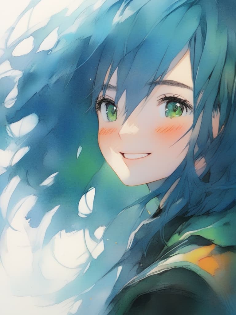  (wide bank: 1.4), (high angle: 1.1), (close up: 1.3), best quality, blue hair, from front, ultra detailed, bob, masterpiece, green eyes, smile, black t shirt,