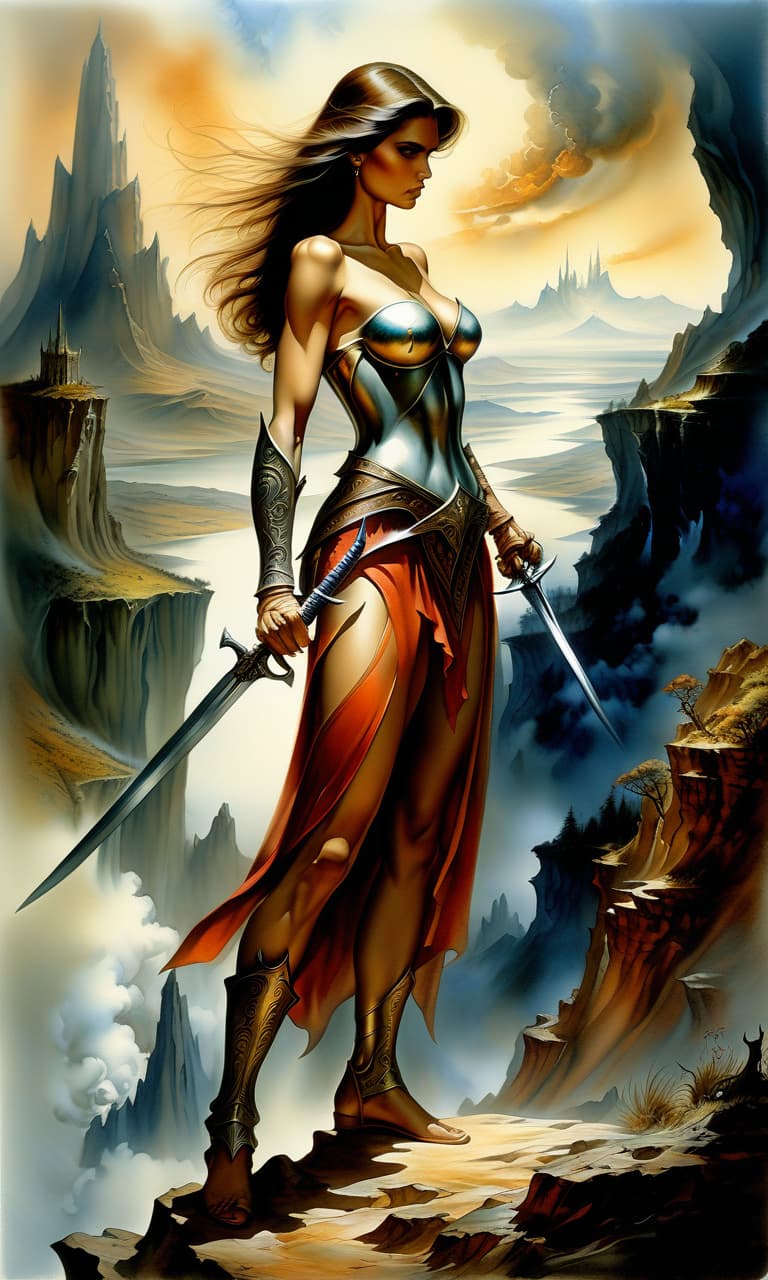  drawing watercolor, fantasy, boris vallejo, woman, , , standing, sword in hand, fantastic landscape, perfect hands