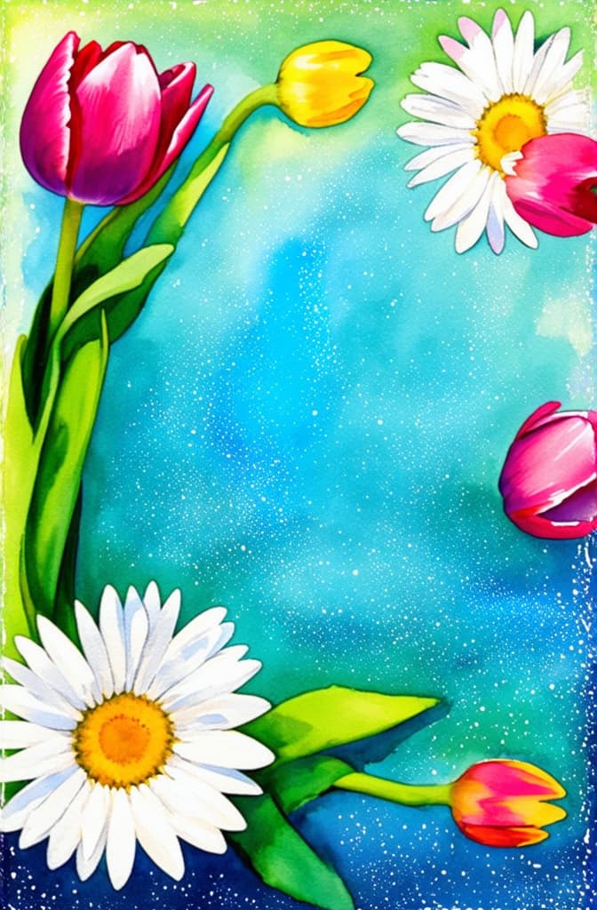  artwork frame of tulips and daisies flowers on shiny sparkling background, empty space inside ar 2:3, watercolor techniques, featuring fluid colors, subtle gradients, transparency associated with watercolor art