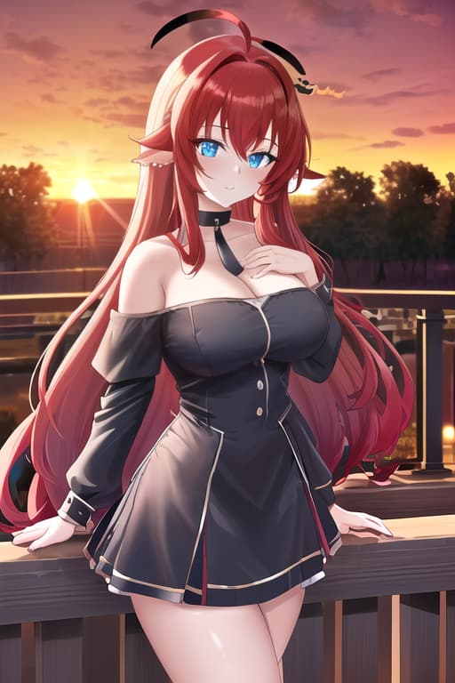   off the shoulder,masterpiece, best quality, 1women, long red hair, looking at viewer, :3, cute, black uniform, outdoors, streets, cow shot, curvy, (((blue eyes))), rias gremory, red hair, antenna hair, wavy hair, ((beautiful detailed eyes, beautiful detailed glow, lots of glow)), anime screencap,sunset, sunset behind her, sunset background, masterpiece, best quality, high quality, solo