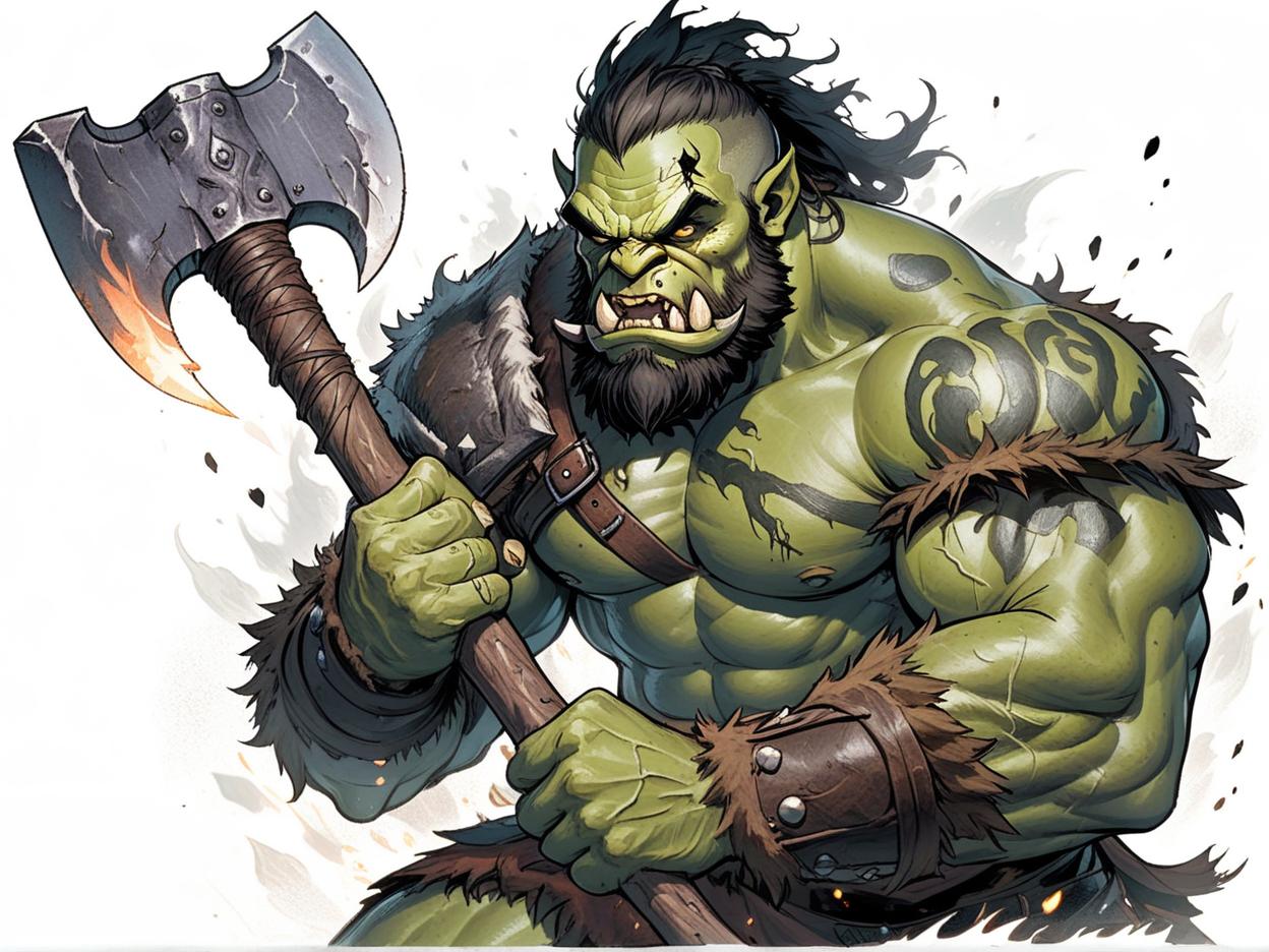  manga artwork a muscular green skinned battle scarred orc barbarian with a bushy beard is wielding a great axe; fire burning in the background; dark ambience. manga artist. manga, highly emotional. best quality, high resolution