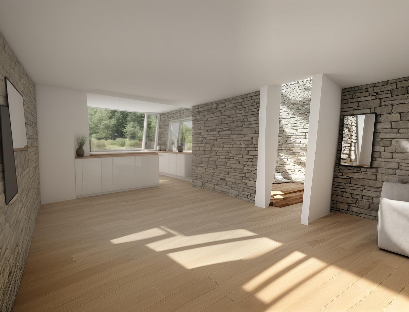  produce a photorealistic rendering of a modern interior with a stone wall as a focal point, complemented by wooden flooring and large windows. add a sleek, modern sofa and minimalist furniture that reflects a contemporary style, creating a space that feels both rustic and sophisticated.