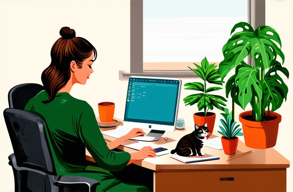  professional detailed photography, work from home woman working at her desk at home with cat and plants. modern vector illustration of home office concept. ar 3:2, (muted colors, dim colors, soothing tones), (vsco:0.3)