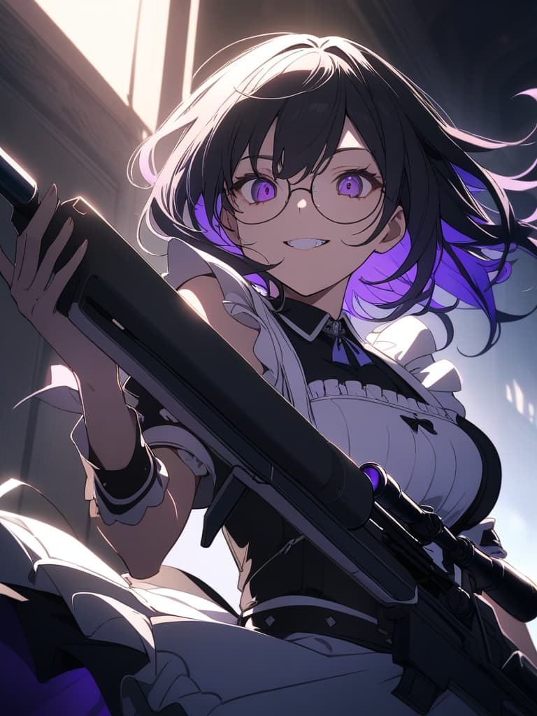  ((maid,maid outfit,black hair,glasses,round glasses,fearless smile,double teeth,grinning,combat maid,holds a sniper,purple inner color,purple eyes,beautiful,cool,beautiful girl))、ultra detailed,best shadow,cute and beautiful face,(masterpiece:1.2),(best quality:1.2),detailed background,high contrast,(best illumination,an extremely delicate and beautiful),((cinematic light)),hyper detail,dramatic light,intricate details,8k,anime,very aesthetic