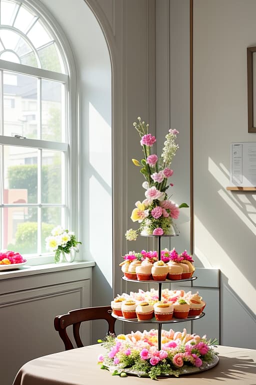  a three tier cake decorated with pastel colored flowers and fresh fruit, set against the warm, inviting backdrop of a bakery. soft sunlight filters through a window, casting gentle shadows and highlighting the cake\'s delicate details. ar 16:9, advertising photo,high quality, good proportion, masterpiece , the image is captured with an 8k camera