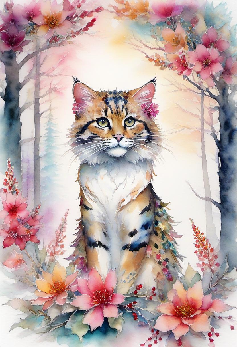  fairy tale christmas trees with cones, wild cat in a kimono, (double exposure: 1.4). (soft textured paper). alcohol ink of (bright) flowers. the incompleteness effect. tenderness of watercolors, winter, delicate colors. thin white lines. emotion. light relief pattern. in harrison fisher's manner. . magical, fantastical, enchanting, storybook style, highly detailed