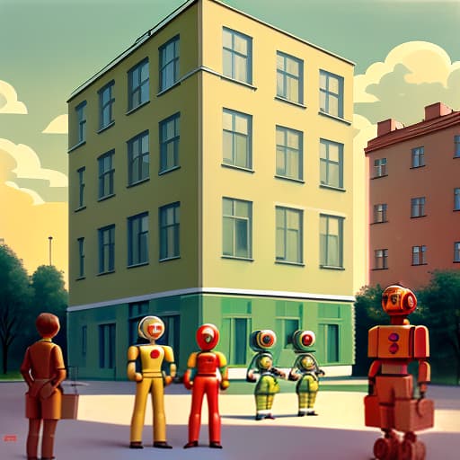  high detail, high quality, soviet retrofuturism, retro, 1950, ussr, yard among five storey houses, three schoolchildren, standing around one small robot, robot made of iron, summer, sun, park in the background, vintage