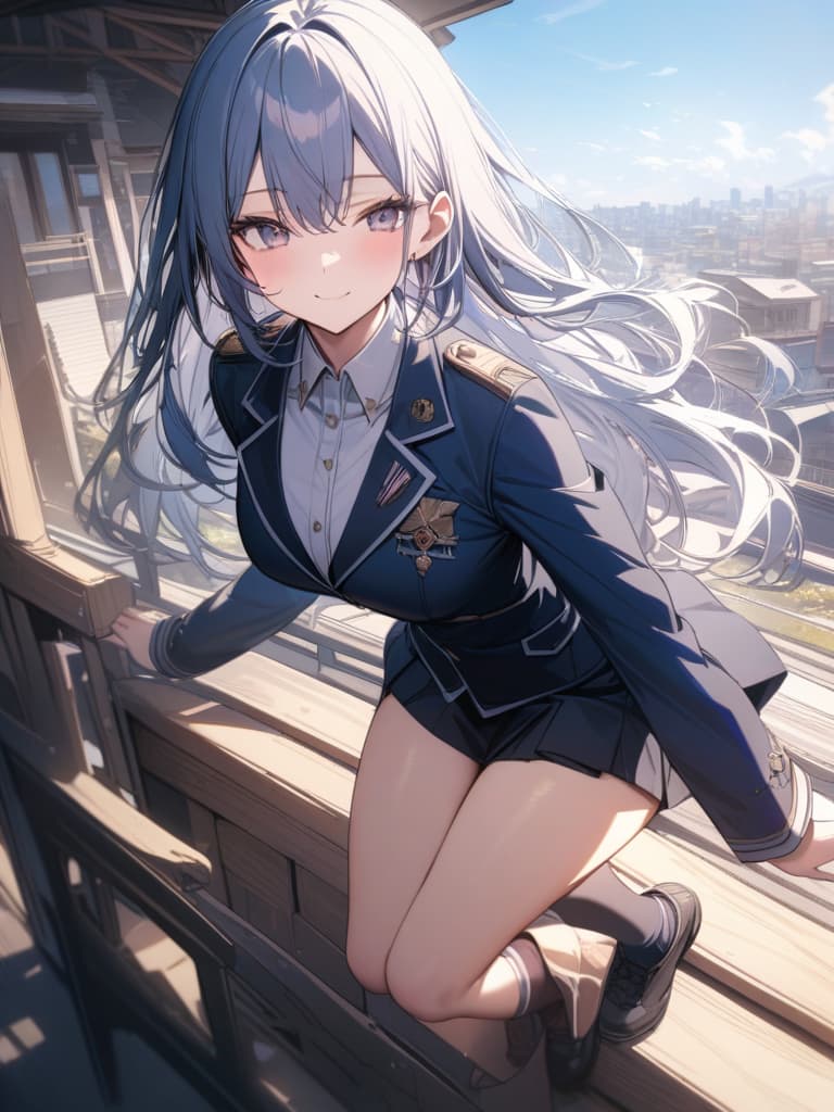  smile girl, dark blue blazer, uniform, mini , long hair, cute, dark blue high socks, masterpieces, winds in the wind, masterpiece, best quality,8k,ultra detailed,high resolution,an extremely delicate and beautiful,hyper detail