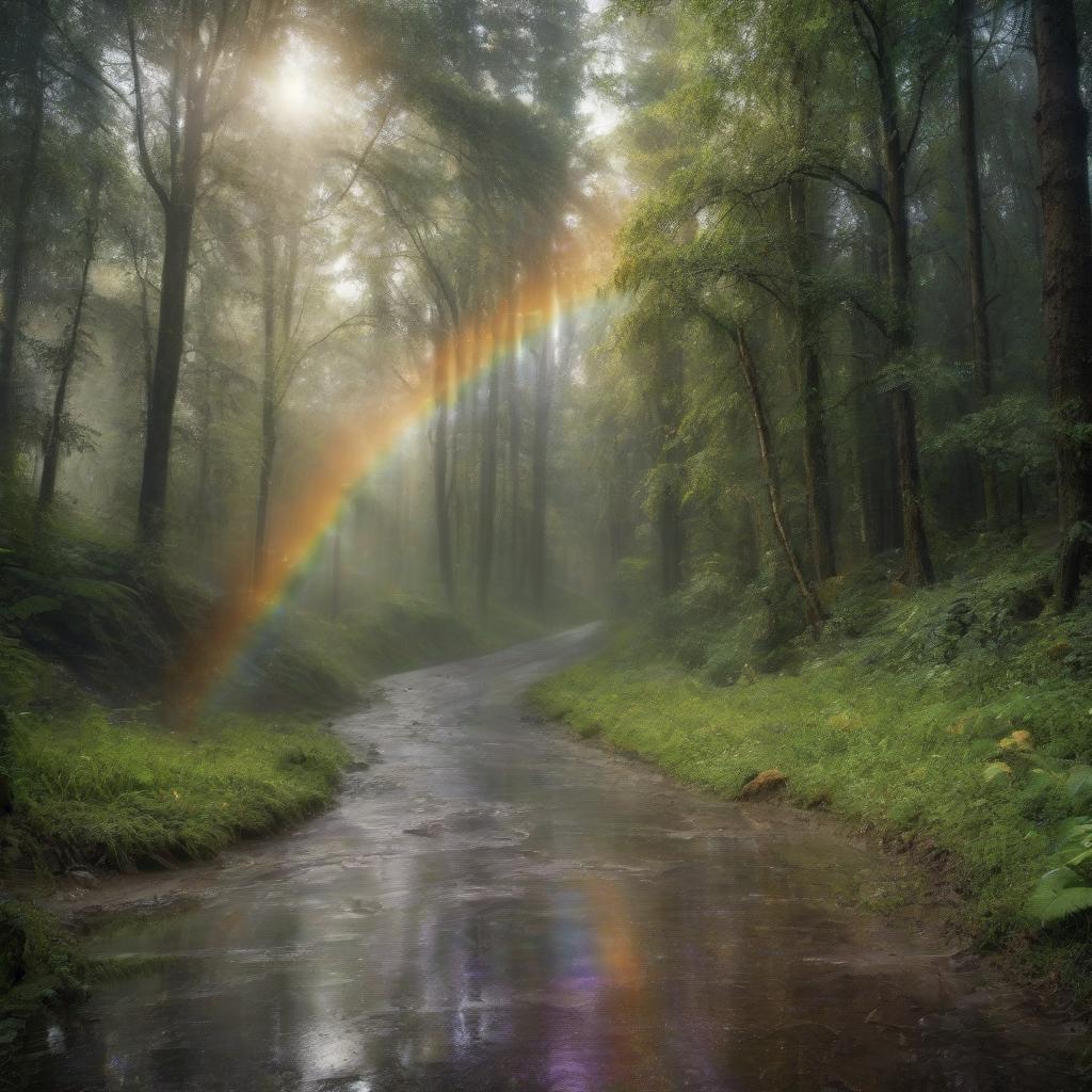  rainbow after rain in the forest real photo