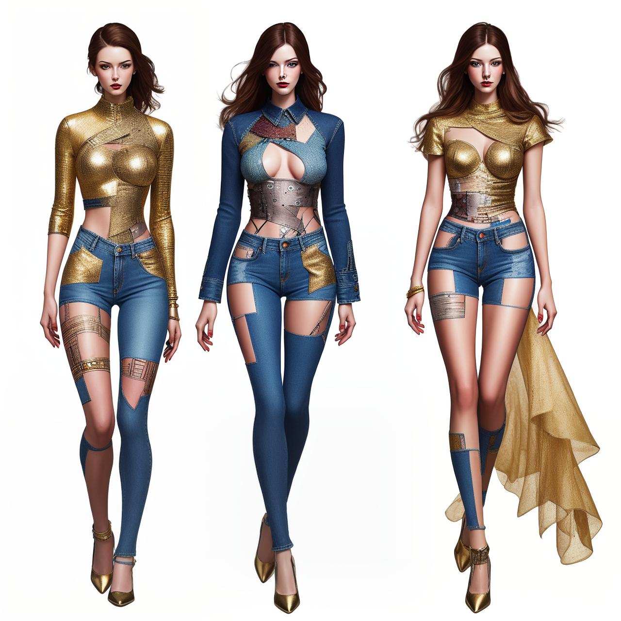  ((fashion illustration, full figures of women with patchwork clothes, denim, gold, transparencies, metal)), award winning, professional, highly detailed, masterpiece