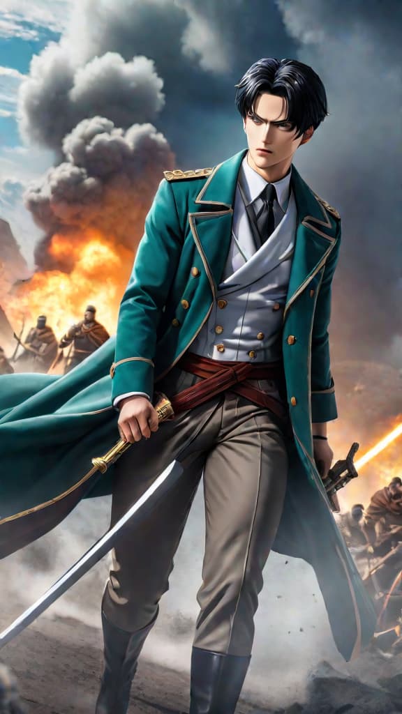  anime art: levi ackerman's strategic mastery in predicting titan attacks and countering swiftly through training and instinct. hyperrealistic, full body, detailed clothing, highly detailed, cinematic lighting, stunningly beautiful, intricate, sharp focus, f/1. 8, 85mm, (centered image composition), (professionally color graded), ((bright soft diffused light)), volumetric fog, trending on instagram, trending on tumblr, HDR 4K, 8K