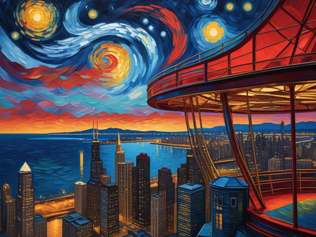  concept art chicago’s centennial ferris wheel, chicago’s navy pier, van gogh's starry starry night with colorful red and orange swirls in the beautiful night sky, chicago skyline with colorful van gogh swirls in the sky, hyper realistic, chicago skyline, mesmerizing, intricate details, flambient golden and red sunrise, dramatic lighting, epic composition, wide angle, cinematic, masterpiece, high resolution, sharp details, best quality, 4k, raw photo, van gogh influence, studio lighting, impressionist, bold colors, starry sky, architectural elements, medium format lens, high angle, cityscape, city life, metropolitan, van gogh's brushstrokes, van gogh's shadows, van gogh's colors, van gogh's textures, nighttime, city scene, streets, night