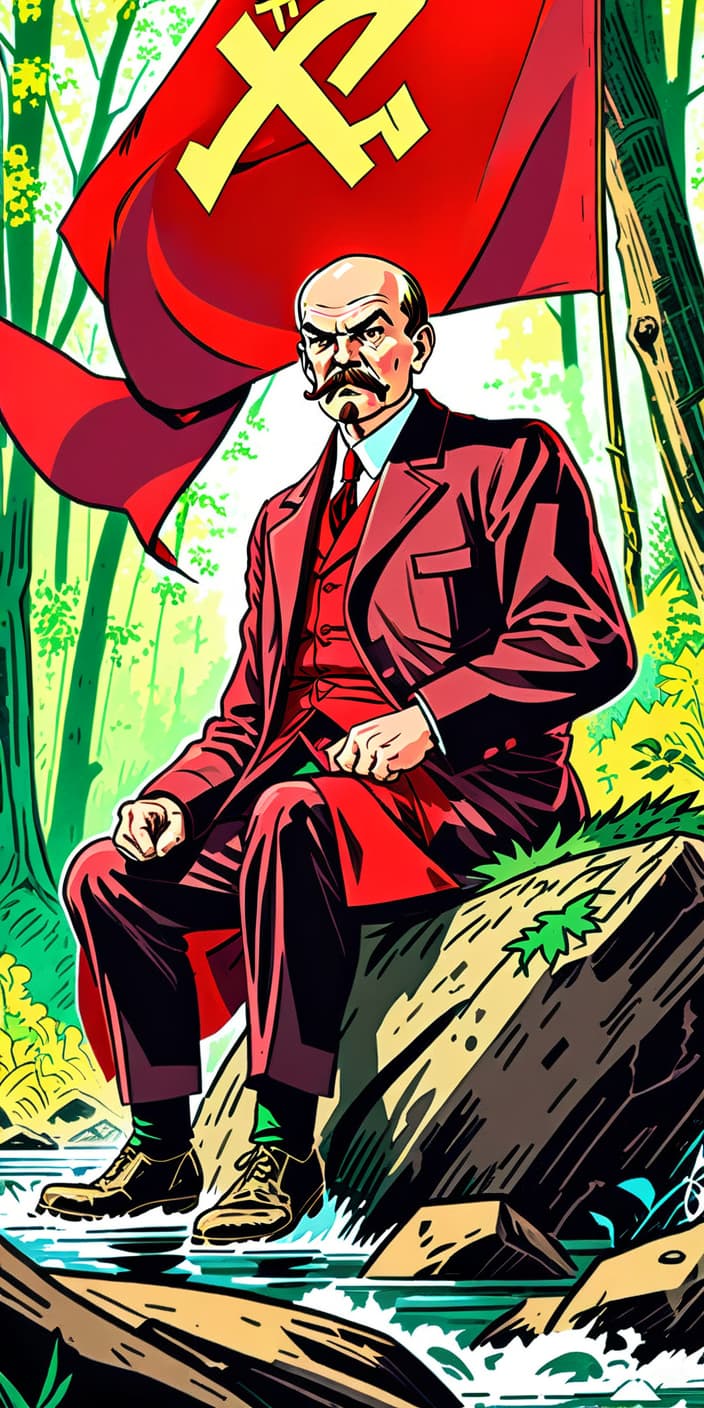  fighting game style vladimir ilyich lenin sits on the bank of a river in a forest waiting for a revolution. he is holding a red banner. '50s comic book style. . dynamic, vibrant, action packed, detailed character design, reminiscent of fighting video games